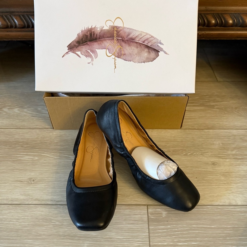New Jessica Simpson Black Leather ballet Flats Loafers‎ slip on square toe sz 7